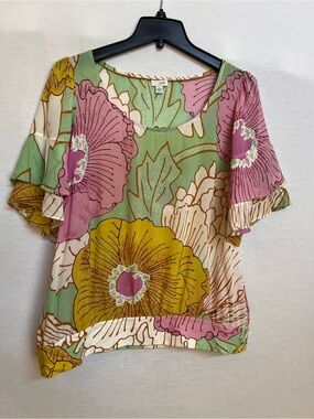 Odille 100% Silk Floral Scoop-Neck Blouse in Sage Green, Mustard & Blush
